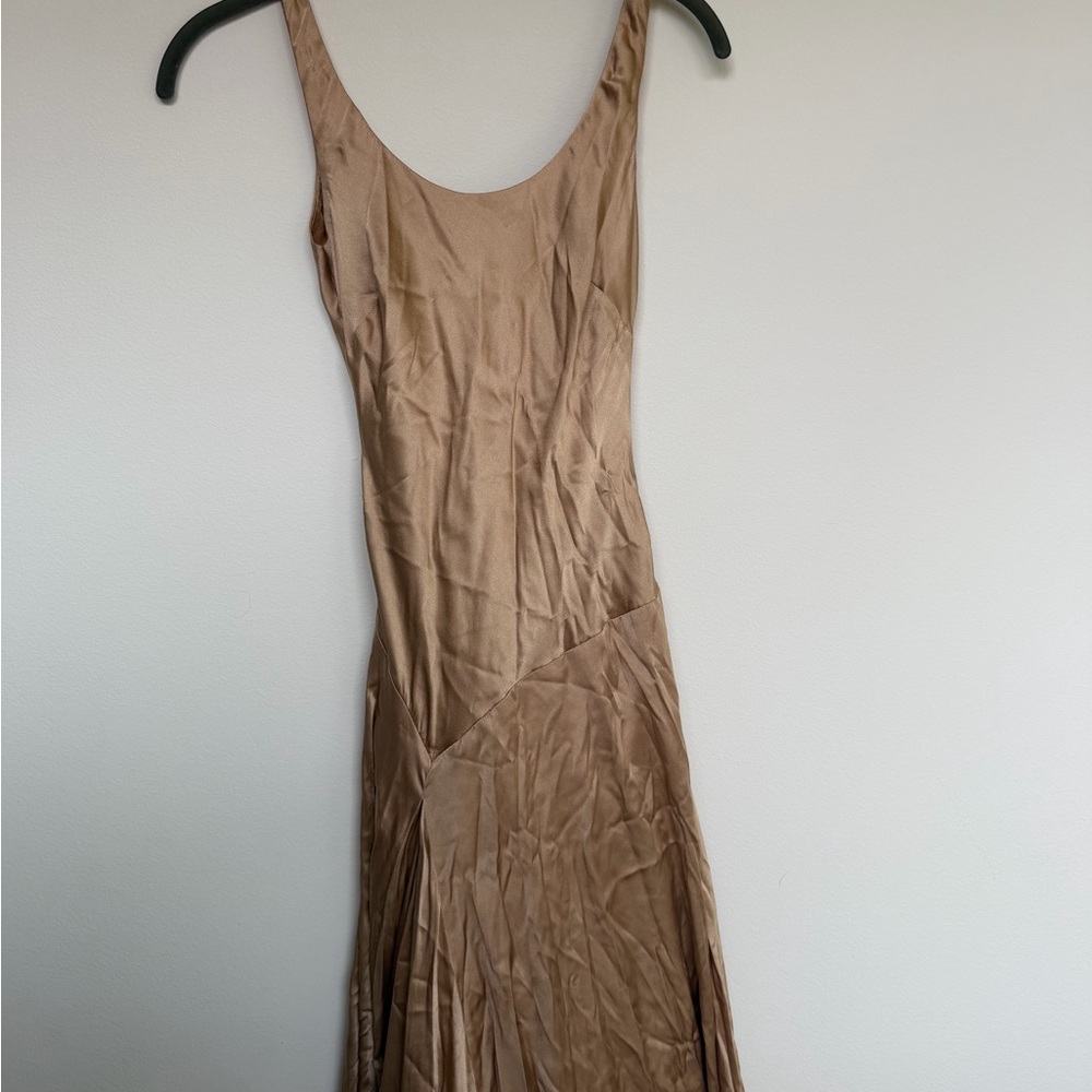 Azeeza Satin Scoop Neck Slip Dress in Light Brown